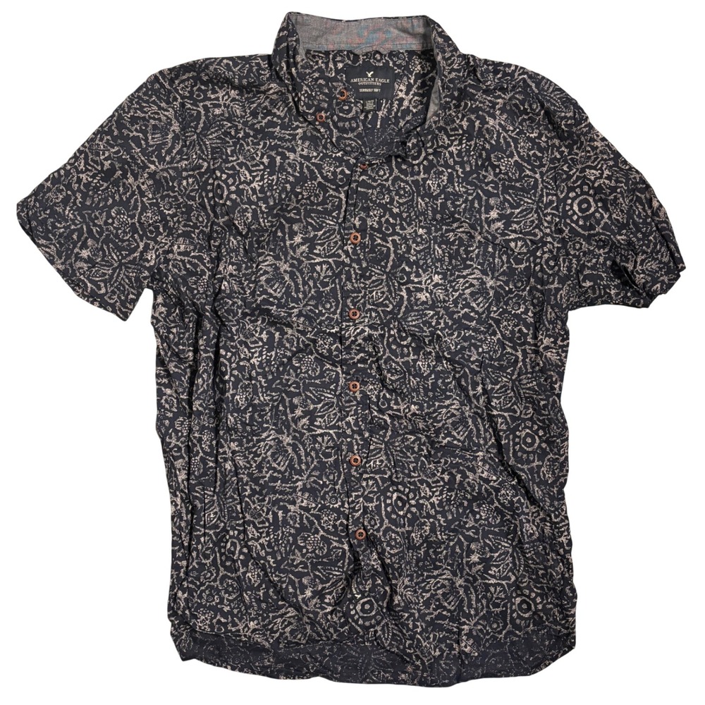 American Eagle Button Down Shirt Large Navy Tan Floral Print Seriously Soft